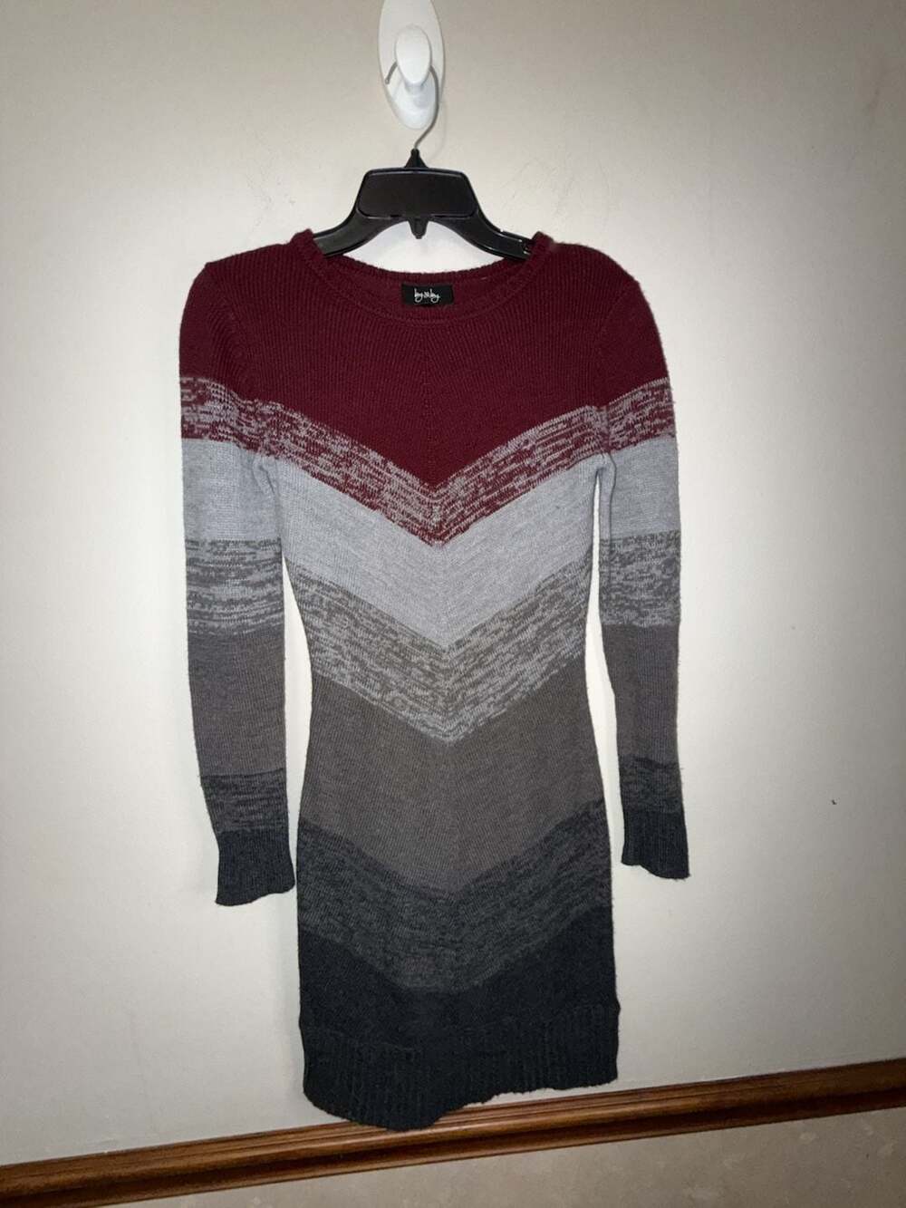 by & by Maroon and Gray Chevron Stripe Knit Sweater Dress